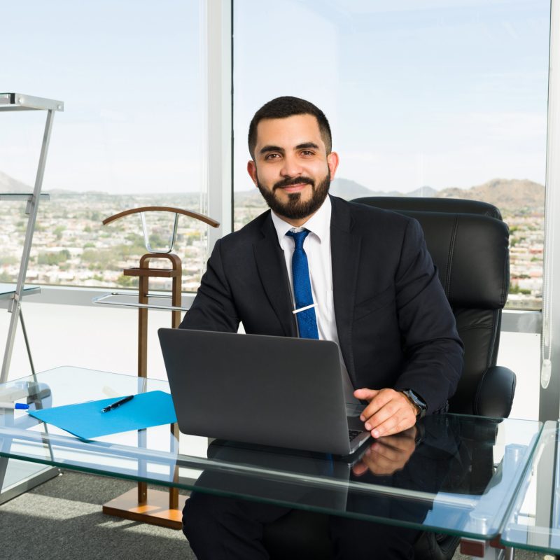 Portrait of a good-looking business executive and businessman feeling happy and doing a lucrative job at his stylish office with a big city view